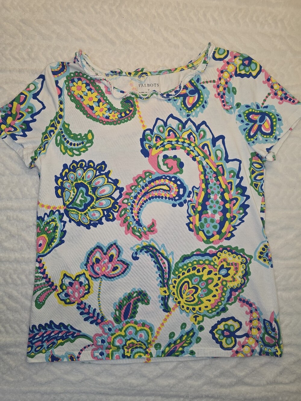 Talbots Paisley Tee White Blue Pink Short Sleeve Ruffle Trim Pima Cotton Top S